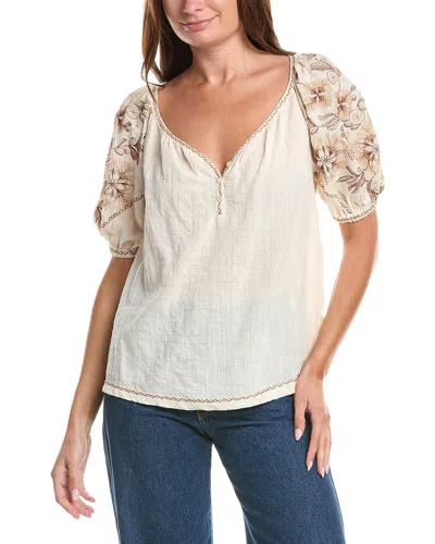 Max Studio Elbow Sleeve Embroidered V-neck Top In White