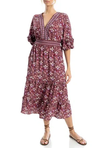 Max Studio Elbow Sleeve Ruffle Midi Dress In Burgundy
