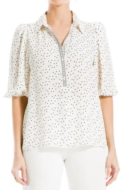 Max Studio Elbow Sleeve Top In Ivory/black Scattered Dot