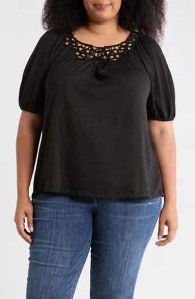 Max Studio Elbow Sleeve Yoke Top In Black