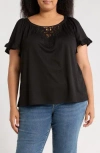 Max Studio Embellished Yoke Flutter Sleeve Top