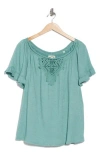 Max Studio Embellished Yoke Flutter Sleeve Top