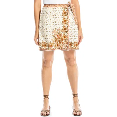 Max Studio Embroidered Border Print Wrap Miniskirt In Cream/rust Paisley Harmony