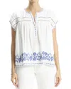 Max Studio Embroidered Cap Sleeve Notch Neck Top In White