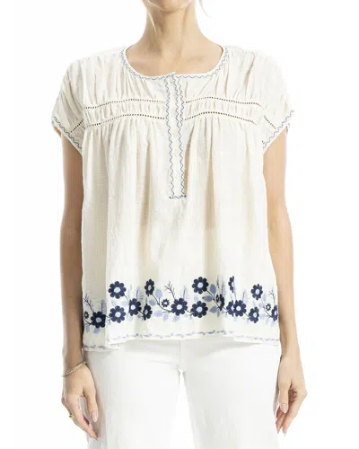 Max Studio Embroidered Cap Sleeve Notch Neck Top In White