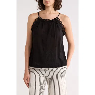 Max Studio Embroidered Eyelet Lace Halter Neck Crop Tank In Black
