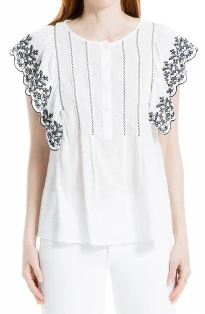 Max Studio Embroidered Flutter Sleeve Blouse In White Black