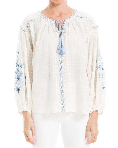 Max Studio Embroidered Long Bubble Sleeve Top In Blue
