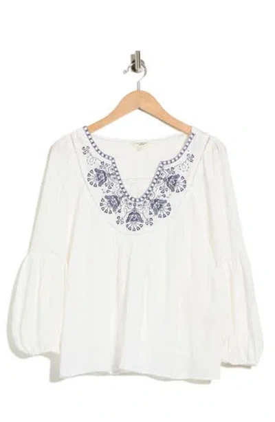 Max Studio Embroidered Long Sleeve Cotton Top In White
