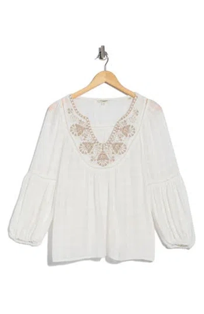 Max Studio Embroidered Long Sleeve Cotton Top In White