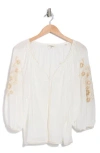 Max Studio Embroidered Peasant Top In White/khaki Poppies Crest