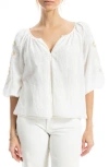 Max Studio Embroidered Peasant Top In White/khakie Poppies Crest Emb