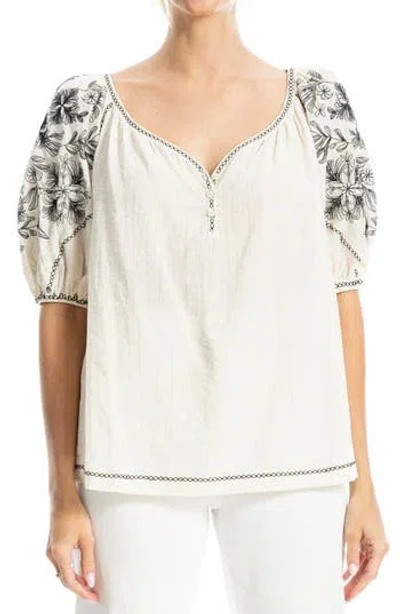 Max Studio Embroidered Puff Sleeve Top In White