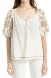 Max Studio Embroidered Puff Sleeve Top In Neutral