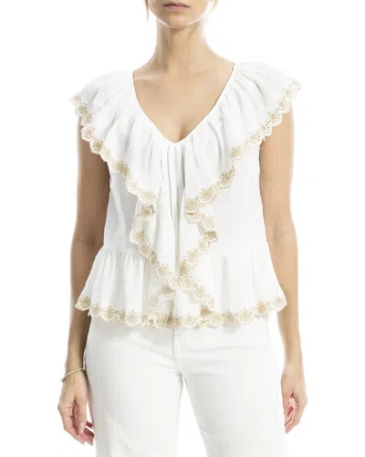 Max Studio Embroidered Ruffle Sleeve V-neck Top In Neutral