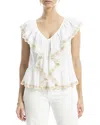Max Studio Embroidered Ruffle Sleeve V-neck Top In Neutral
