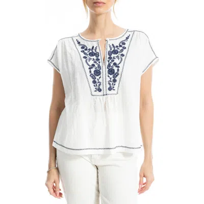 Max Studio Embroidered Short Sleeve Cotton Blend Top