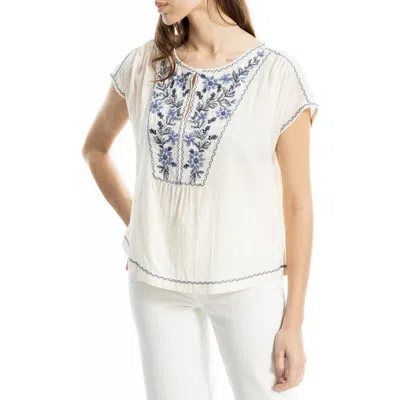 Max Studio Embroidered Short Sleeve Cotton Blend Top