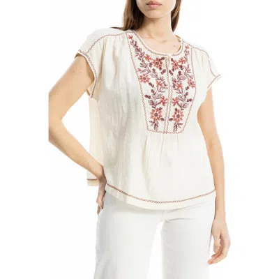Max Studio Embroidered Short Sleeve Cotton Blend Top In White