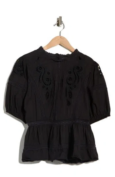 Max Studio Embroidered Short Sleeve Cotton Peplum Top In Black