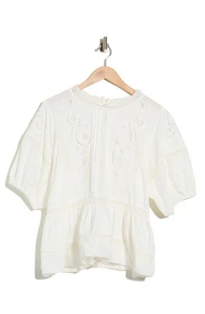 Max Studio Embroidered Short Sleeve Cotton Peplum Top In White