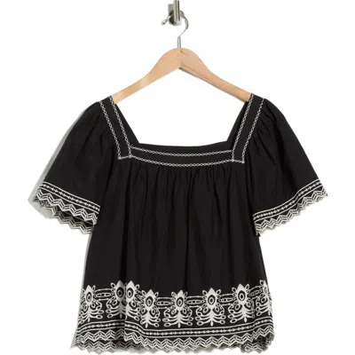 Max Studio Embroidered Short Sleeve Cotton Top In Black