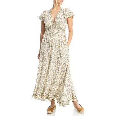 Max Studio Empire Waist Flutter Sleeve Maxi Dress In Cream Yellow Floral