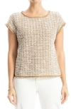 Max Studio Extended Cap Sleeve Tweed Knit Top In Camel/ivory