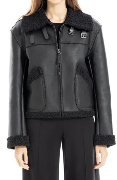 Max Studio Faux Shearling Trim Faux Leather Crop Jacket In Black