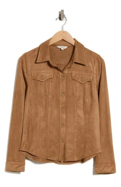 Max Studio Faux Suede Button Front Shirt In Vicuna