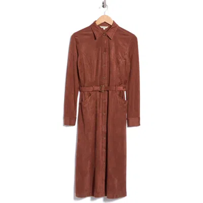 Max Studio Faux Suede Long Sleeve Belted Shirtdress In Brown
