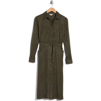 Max Studio Faux Suede Long Sleeve Belted Shirtdress In Green