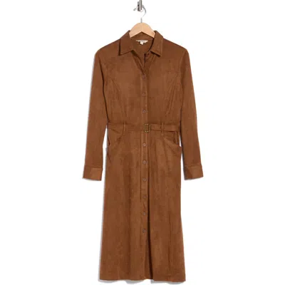 Max Studio Faux Suede Long Sleeve Belted Shirtdress In Brown