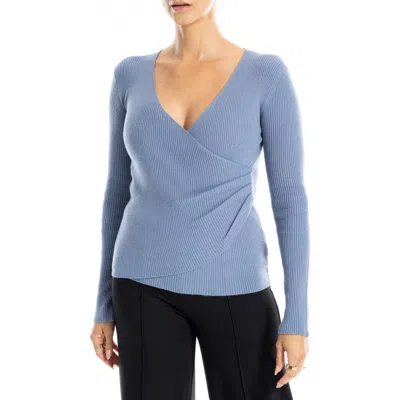Max Studio Faux Wrap Knit Sweater In Chambray
