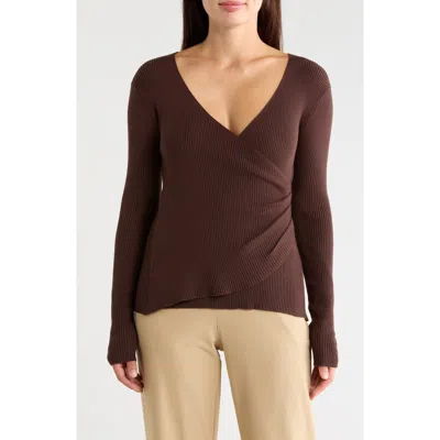 Max Studio Faux Wrap Knit Sweater In Brown
