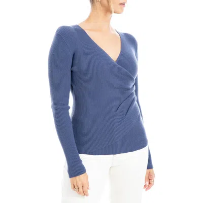 Max Studio Faux Wrap Knit Sweater In Med Blue