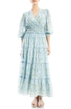 Max Studio Floral Balloon Sleeve Tiered Maxi Dress In Blue Tossed Meadow