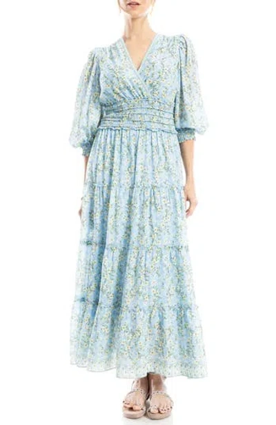 Max Studio Floral Balloon Sleeve Tiered Maxi Dress In Blue Tossed Meadow