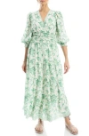 Max Studio Floral Balloon Sleeve Tiered Maxi Dress In Cream/green Floral Toile