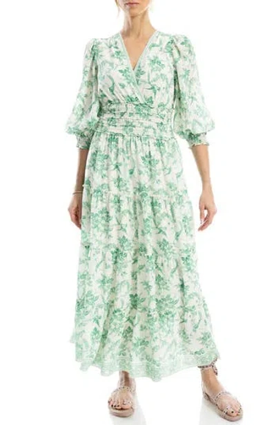 Max Studio Floral Balloon Sleeve Tiered Maxi Dress In Cream/green Floral Toile