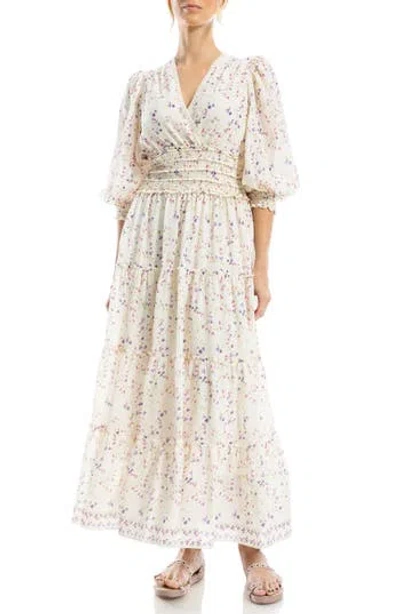 Max Studio Floral Balloon Sleeve Tiered Maxi Dress In Ecru/pink Sweetpea Swirls