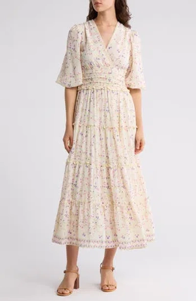 Max Studio Floral Balloon Sleeve Tiered Maxi Dress In Neutral