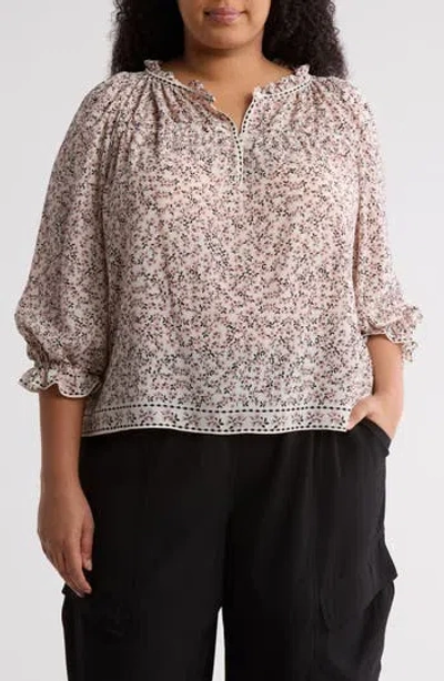 Max Studio Floral Balloon Sleeve Top In Brown