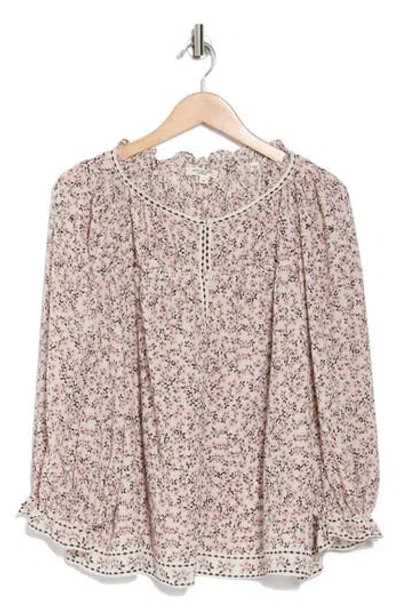 Max Studio Floral Balloon Sleeve Top In Ivory/mauve Daisy Sprinkle