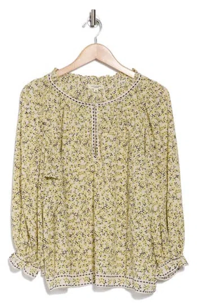 Max Studio Floral Balloon Sleeve Top In Ivory/yellow Daisy Sprinkle