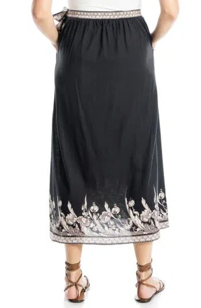 Max Studio Floral Border Faux Wrap Skirt In Black Penny Feather Leaves