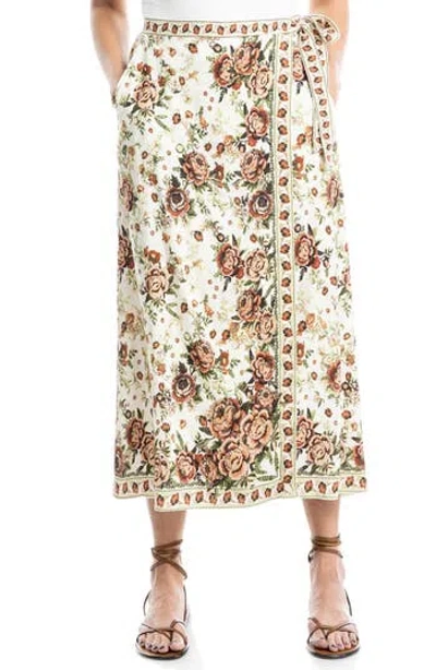 Max Studio Floral Border Faux Wrap Skirt In Cream/vintage Flora