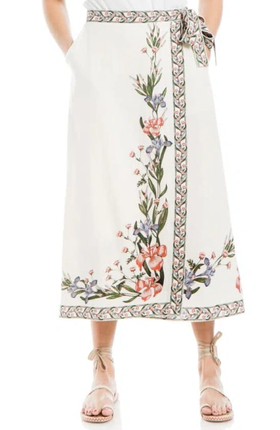 Max Studio Floral Border Wrap Skirt In Ecru Iris Spires