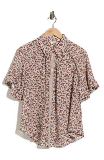 Max Studio Floral Bubble Sleeve Shirt In Cream/ Chestnut Wild Daisy