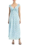 Max Studio Floral Cap Sleeve Empire Waist Maxi Dress In Aqua Blue Watercolor Daisies